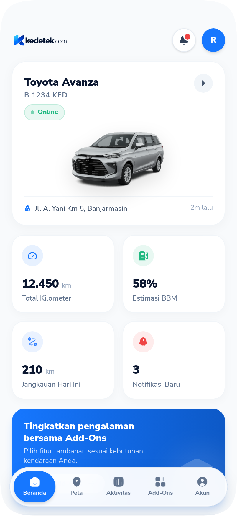 Layar Beranda aplikasi Kedetek dengan status kendaraan dan ringkasan harian